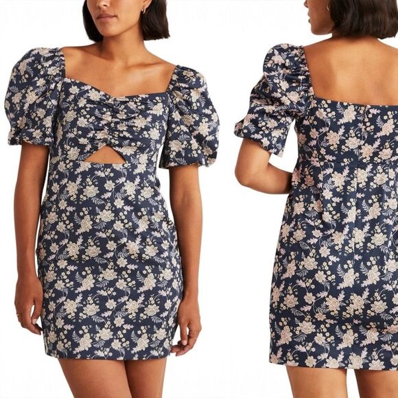 Boden Navy Floral Chintz Bloom Puff Sleeve Cut Out Mini Dress Cotton Size US 4 - Picture 11 of 11